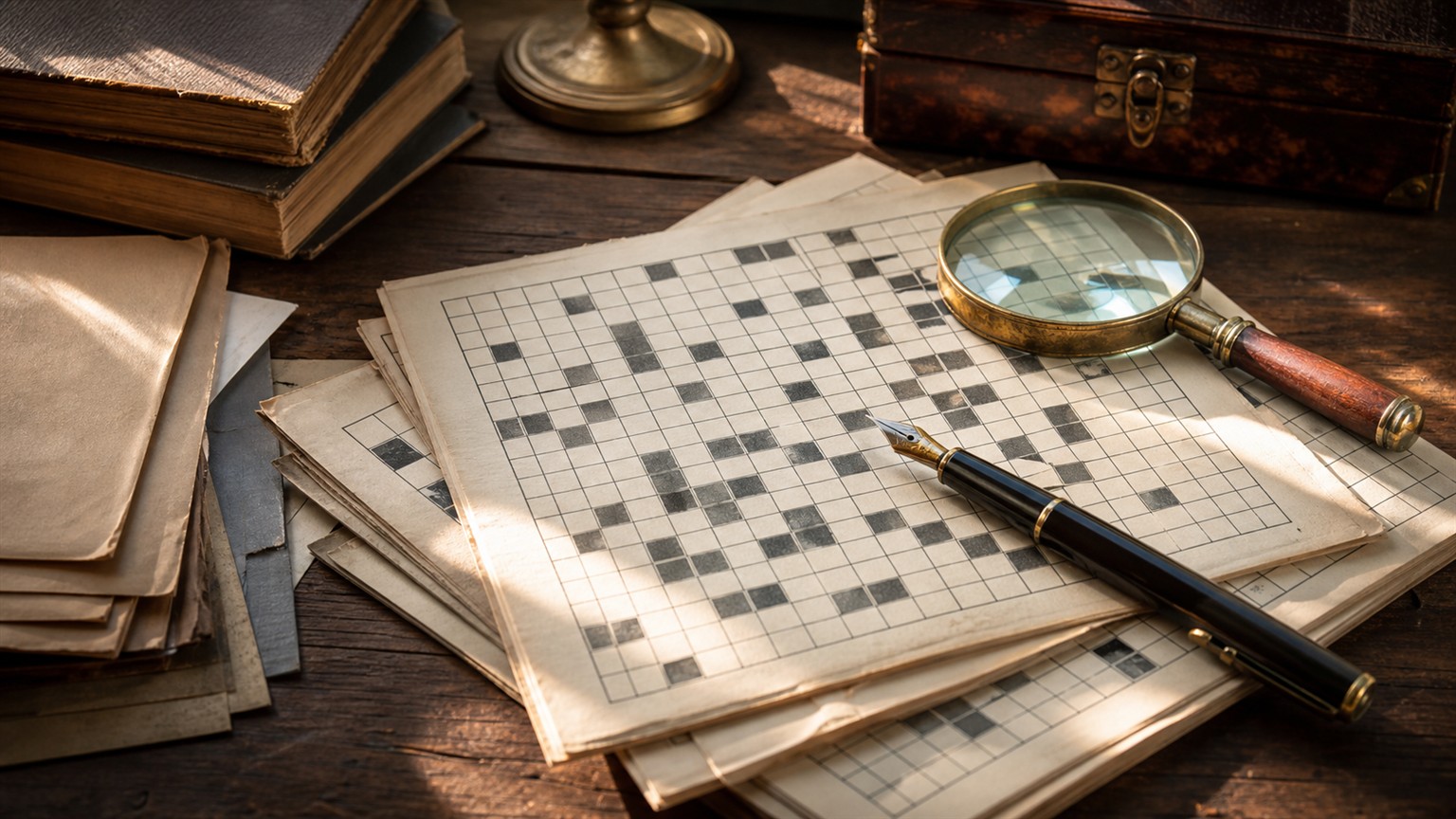 A vintage desk with blank crossword grids, a fountain pen, and a magnifying glass on archival-style paper.