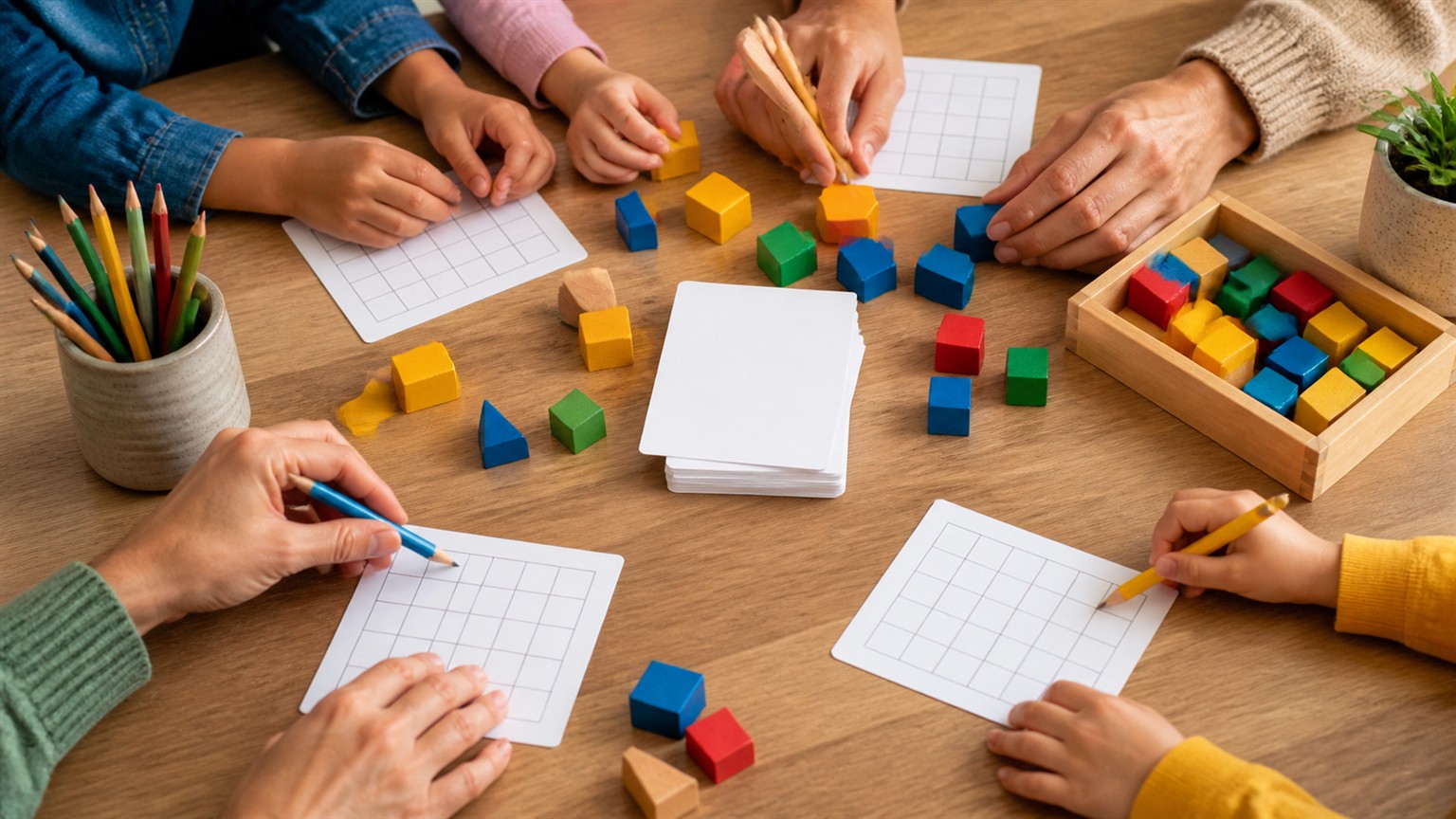 Hands of different ages around a table with blank puzzle cards, colored shape blocks, and pencils for easy logic puzzle play.