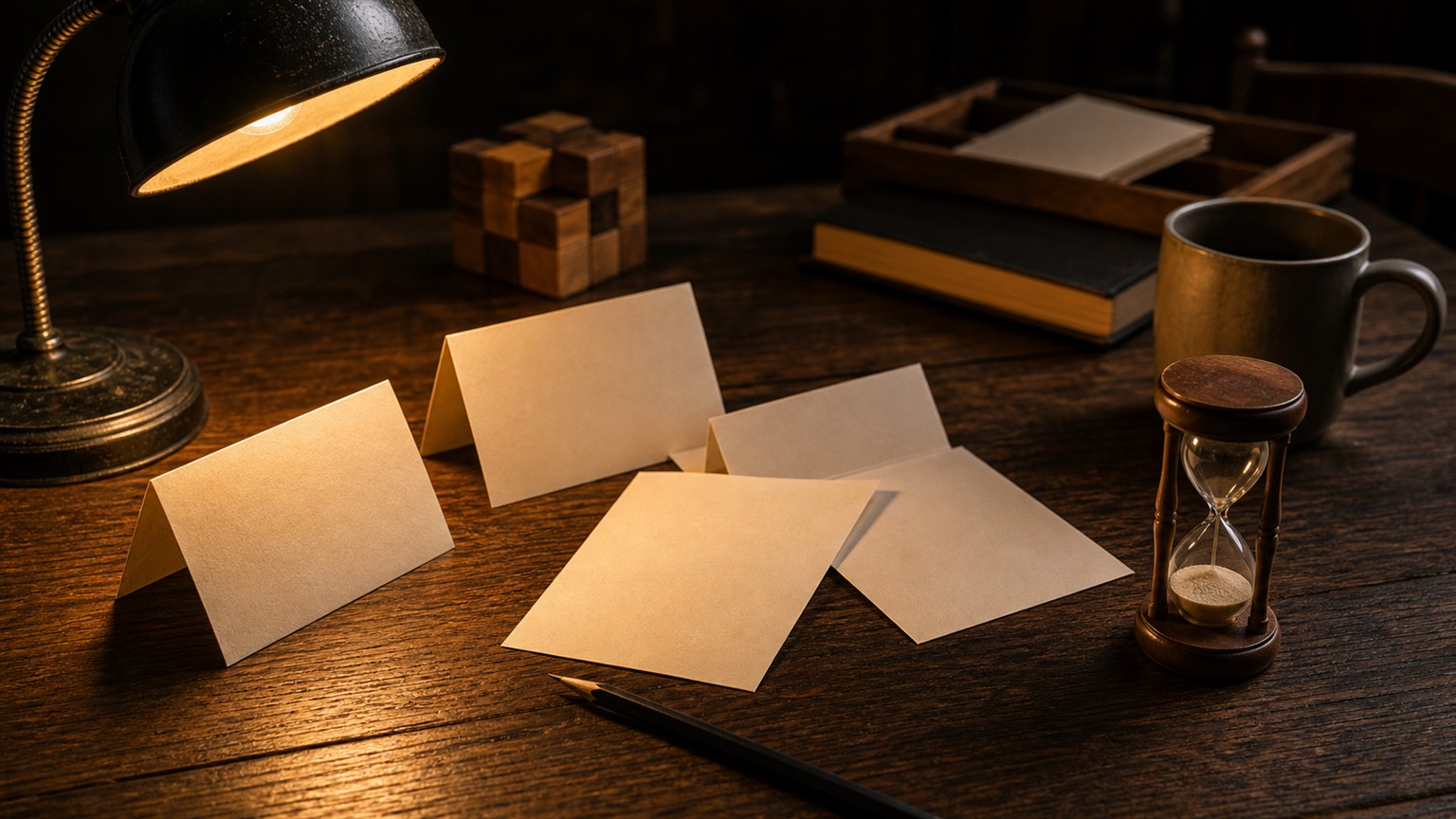 A moody table with blank folded cards, an unmarked hourglass, a pencil, and warm reading lamp.