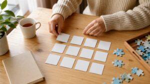 Hands arranging blank matching cards and puzzle pieces on a cozy tabletop.
