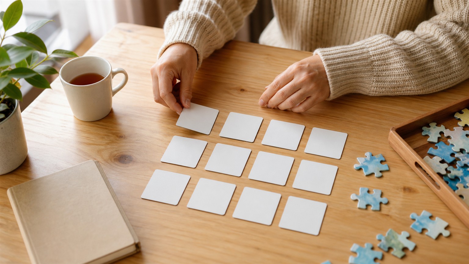 Hands arranging blank matching cards and puzzle pieces on a cozy tabletop.