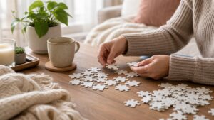 Adult hands calmly sorting blank puzzle pieces on a serene living room table.