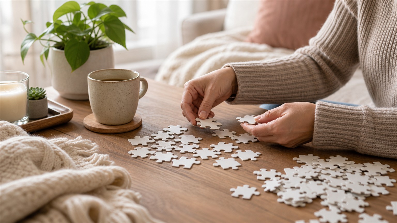 Adult hands calmly sorting blank puzzle pieces on a serene living room table.