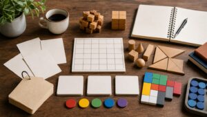 A balanced table with blank word cards, wooden blocks, blank grid, colored tiles, and blank notebook.