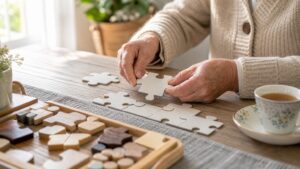Older adult hands fitting large blank puzzle pieces together on a bright home table.