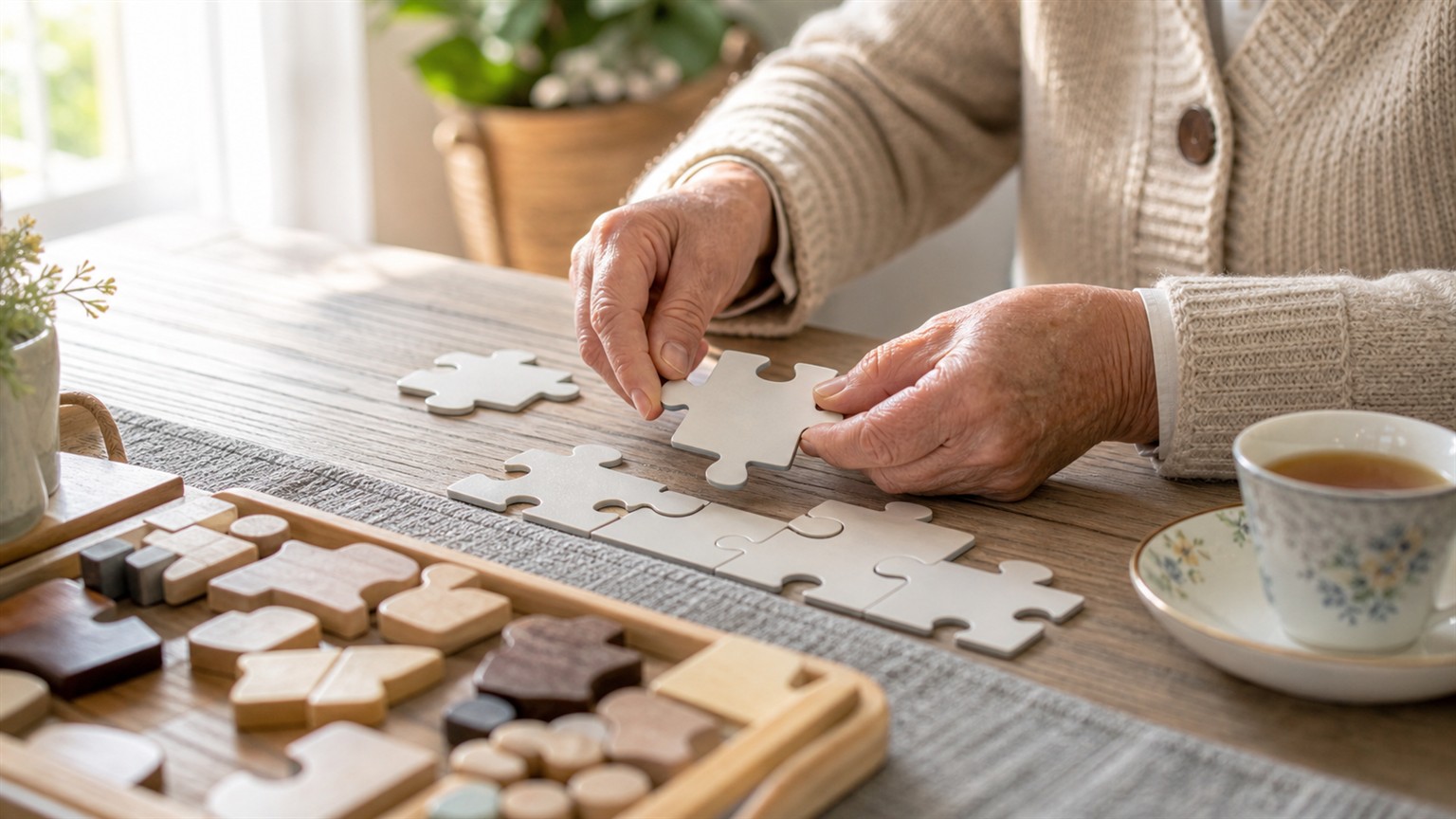 Older adult hands fitting large blank puzzle pieces together on a bright home table.