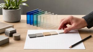 A hand arranging blank geometric tiles beside a clean logic grid on a bright desk.
