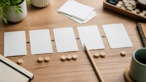 A tabletop arrangement of blank clue cards, tokens, and a pencil showing a step by step logic puzzle solving process.