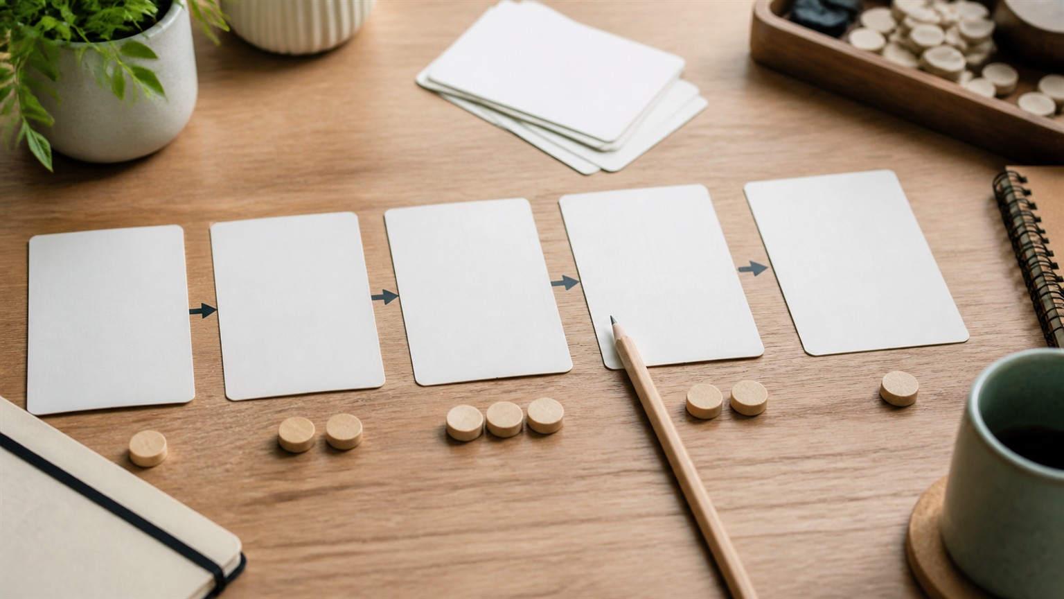 A tabletop arrangement of blank clue cards, tokens, and a pencil showing a step by step logic puzzle solving process.