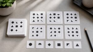 Abstract shape-matrix cards and answer cards on a neutral desk for nonverbal reasoning practice.