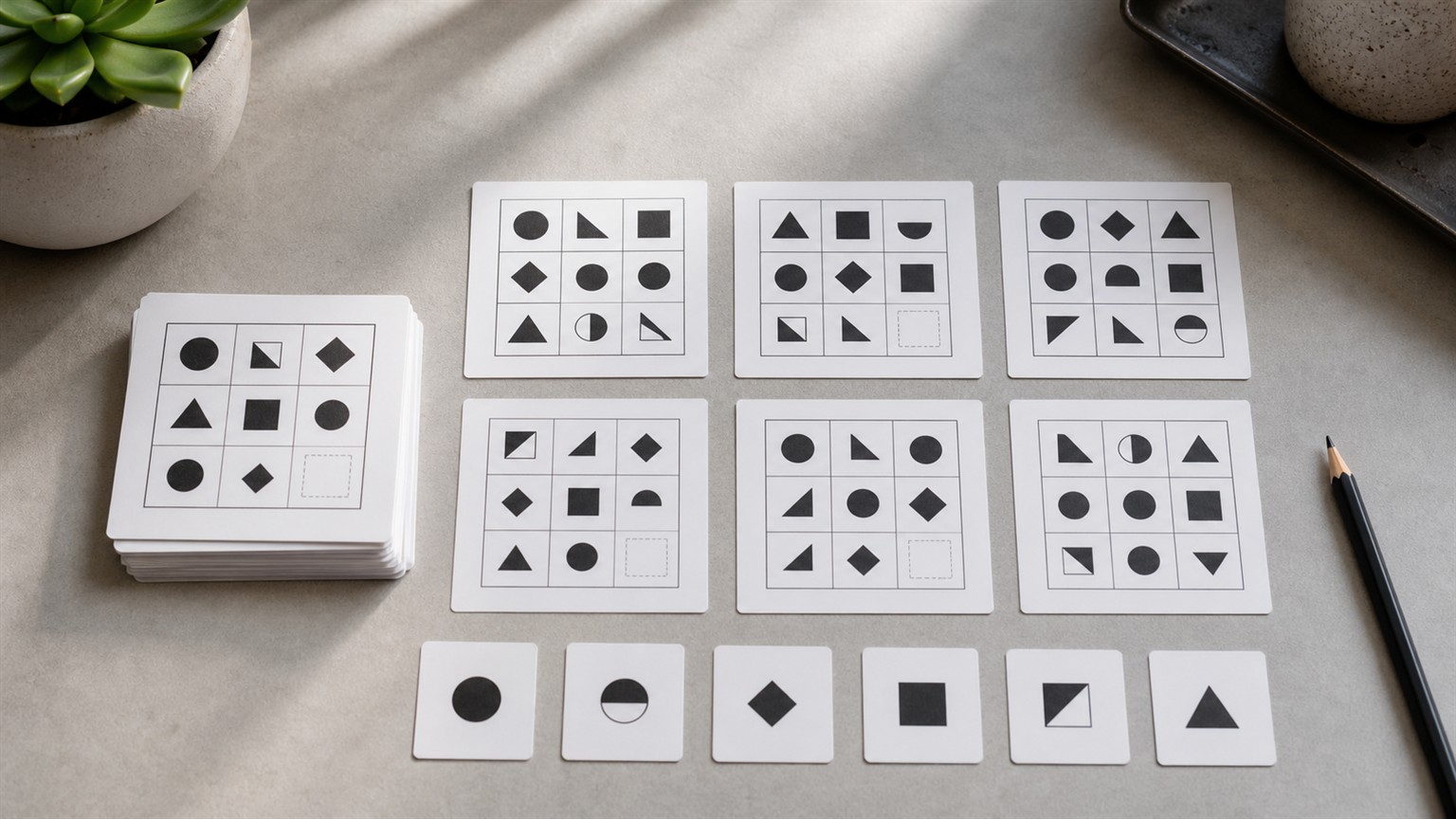 Abstract shape-matrix cards and answer cards on a neutral desk for nonverbal reasoning practice.