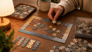 A warm table scene with abstract jigsaw pieces sorted by edge and color while a hand places one piece.
