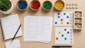 A clean tabletop with blank grid sheets, transparent tokens, neutral markers, and a pencil for elimination solving.