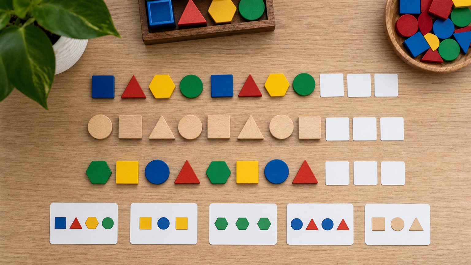 Rows of colored geometric tiles and blank cards arranged into nonverbal shape patterns on a tabletop.