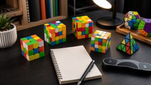 A study desk with colorful stickerless cube puzzles, a blank notebook, and a display-free timer object.