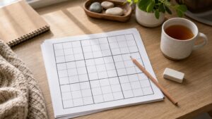 A calm desk with a blank sudoku-style grid sheet, pencil, eraser, and cup of tea for beginner puzzle practice.
