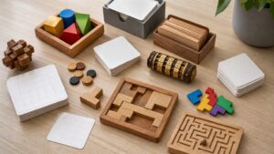 A bright table with blank grids, geometric pieces, face-down clue cards, and a small mechanical puzzle object.