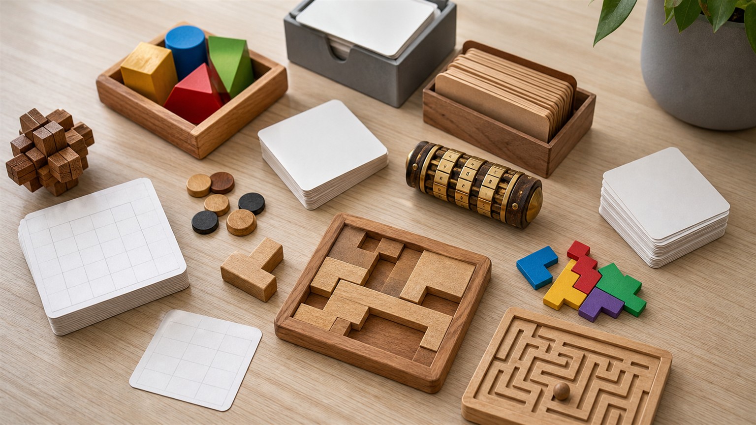 A bright table with blank grids, geometric pieces, face-down clue cards, and a small mechanical puzzle object.