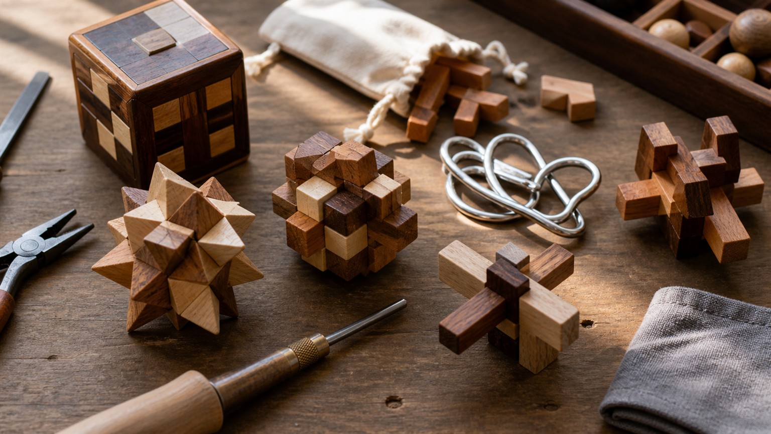 A workbench with wooden burr puzzles, metal disentanglement loops, and a puzzle box arranged for hands-on solving.