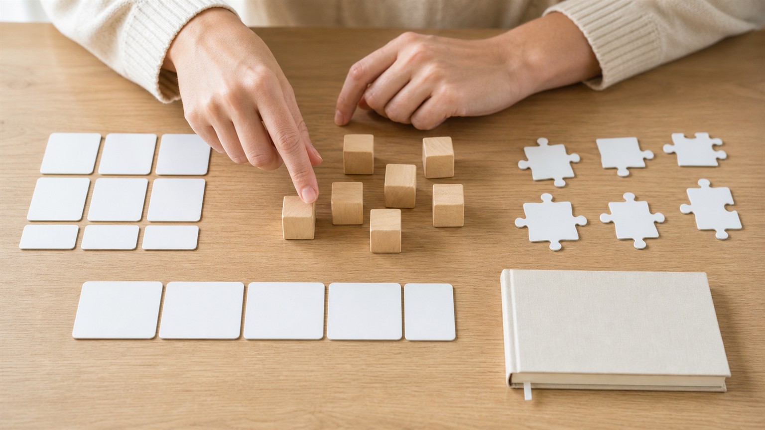 A bright tabletop with blank paired cards, wooden blocks, tiles, and a closed notebook.