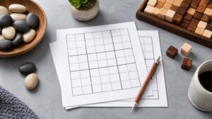 A modern desk with blank number-grid puzzle sheets, counting stones, wooden cubes, and a mechanical pencil.