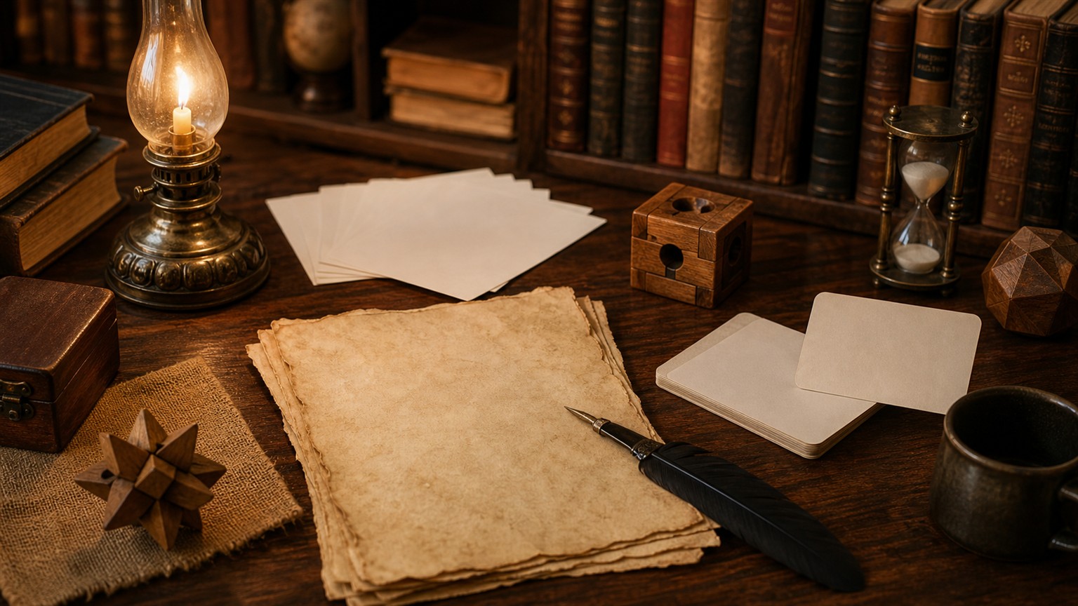 A warm library table with blank parchment, modern blank cards, a wooden puzzle object, and a candle-style lamp.