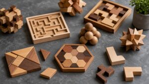 Geometric wooden blocks, blank tangram shapes, a small maze board, and interlocking pieces arranged for spatial reasoning practice.