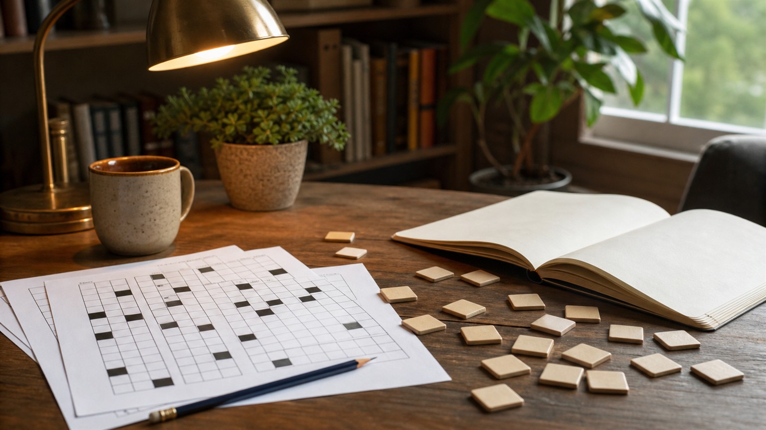 A cozy desk with blank crossword-style grids, face-down tiles, a pencil, and an open notebook for word puzzle practice.