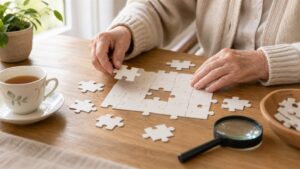 Older adult hands reviewing large blank puzzle pieces on a bright home table.