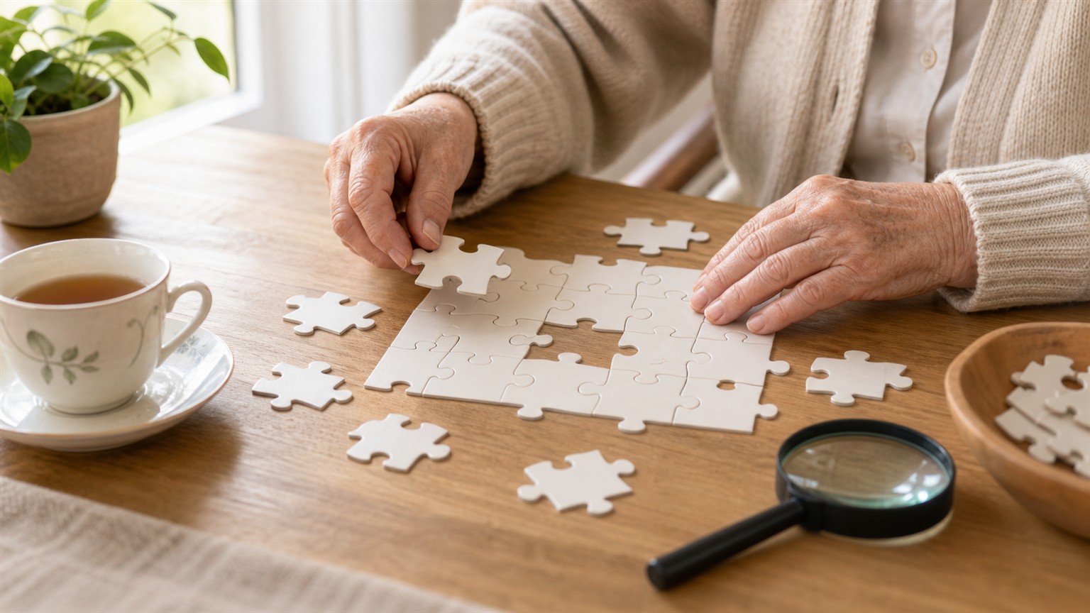 Older adult hands reviewing large blank puzzle pieces on a bright home table.