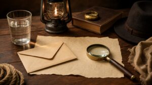 A classic mystery-style tabletop with blank envelope, glass of water, lantern, blank paper, and magnifying glass.
