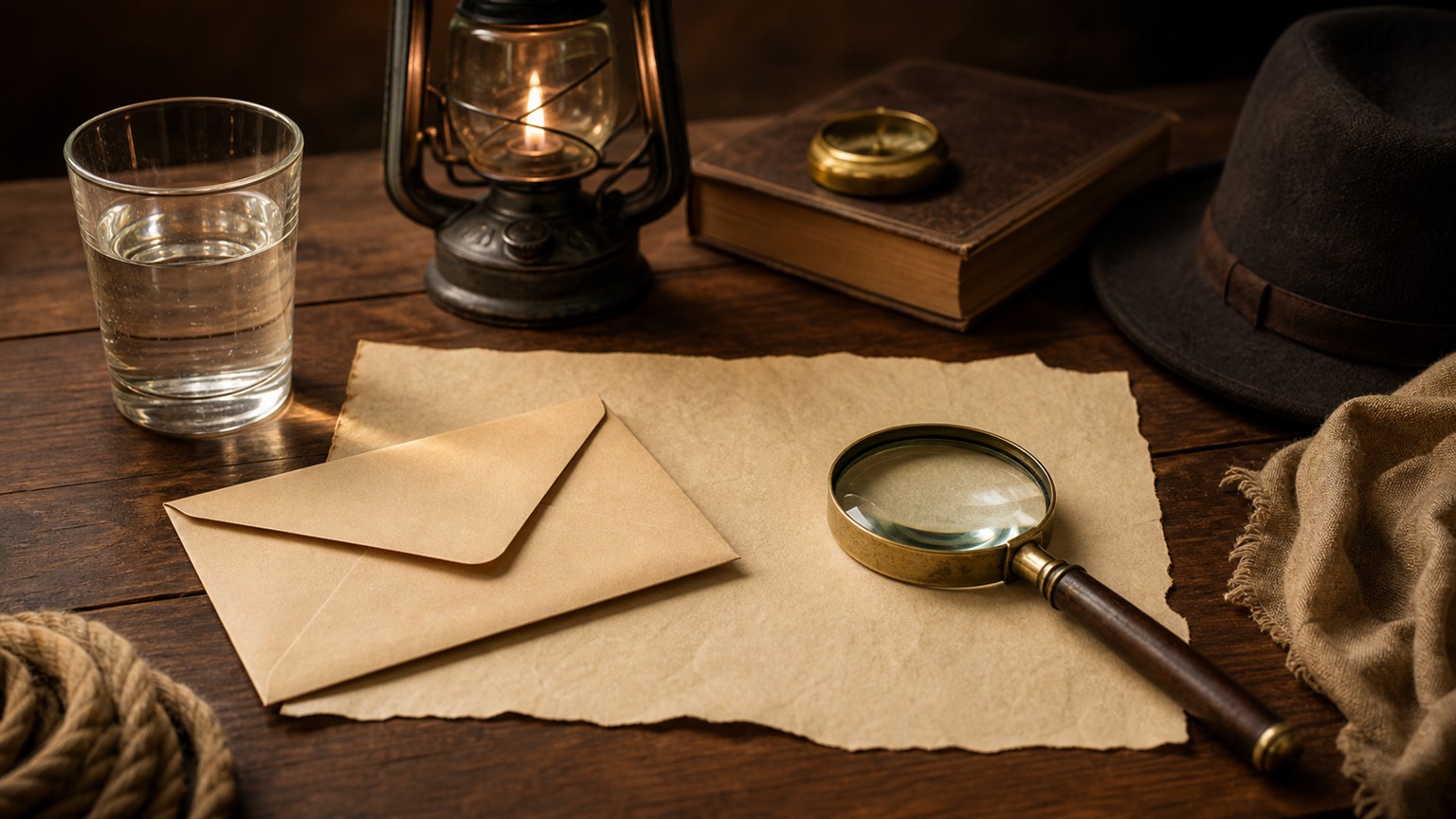 A classic mystery-style tabletop with blank envelope, glass of water, lantern, blank paper, and magnifying glass.