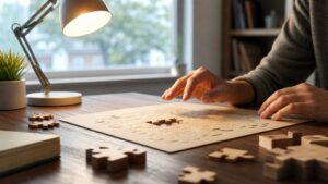 Hands paused over a nearly solved blank puzzle on a warm study desk.