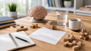 A calm study table with a blank puzzle grid, wooden shapes, blank notebook, and soft daylight.