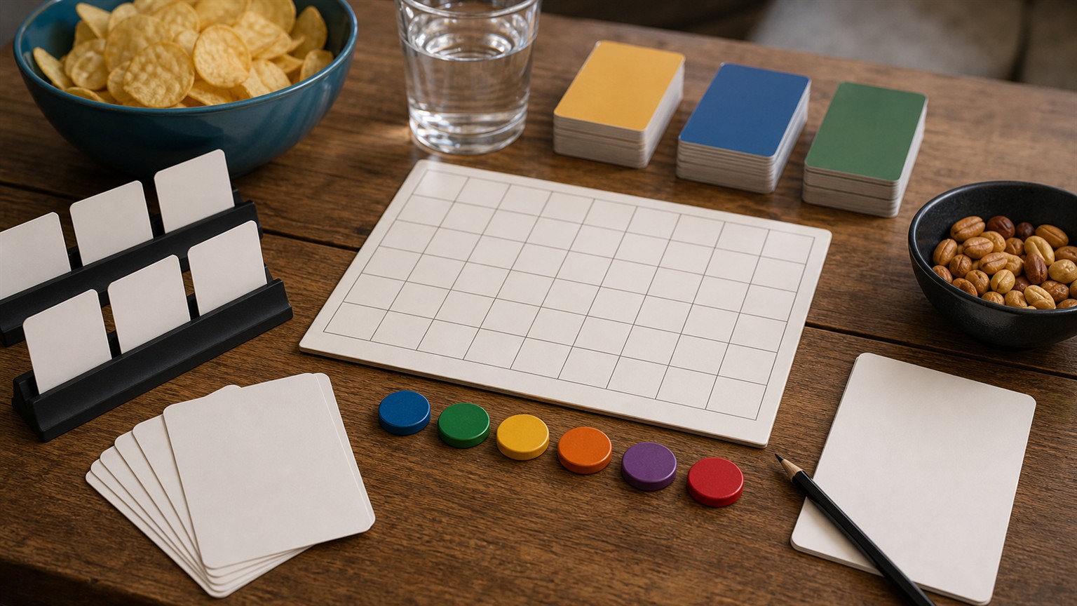 A game-night table with blank quiz cards, plain colored tokens, blank grid board, and pencil.