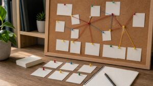 A tidy deduction puzzle workspace with blank clue cards, colored pins, string connections, and a pencil.