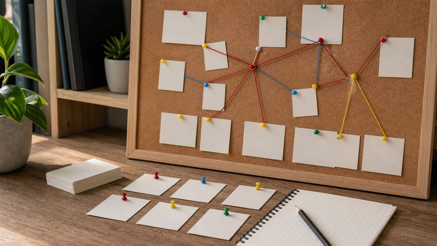 A tidy deduction puzzle workspace with blank clue cards, colored pins, string connections, and a pencil.