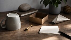 A surreal desk with oddly arranged ordinary objects, blank note cards, and an empty box for lateral thinking.