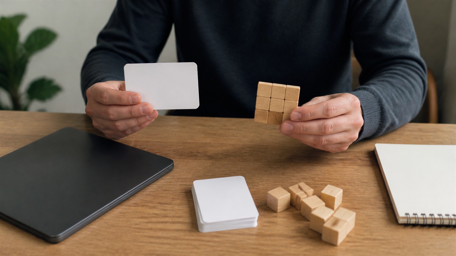 Hands comparing a blank card and a small wooden puzzle block beside a closed tablet.