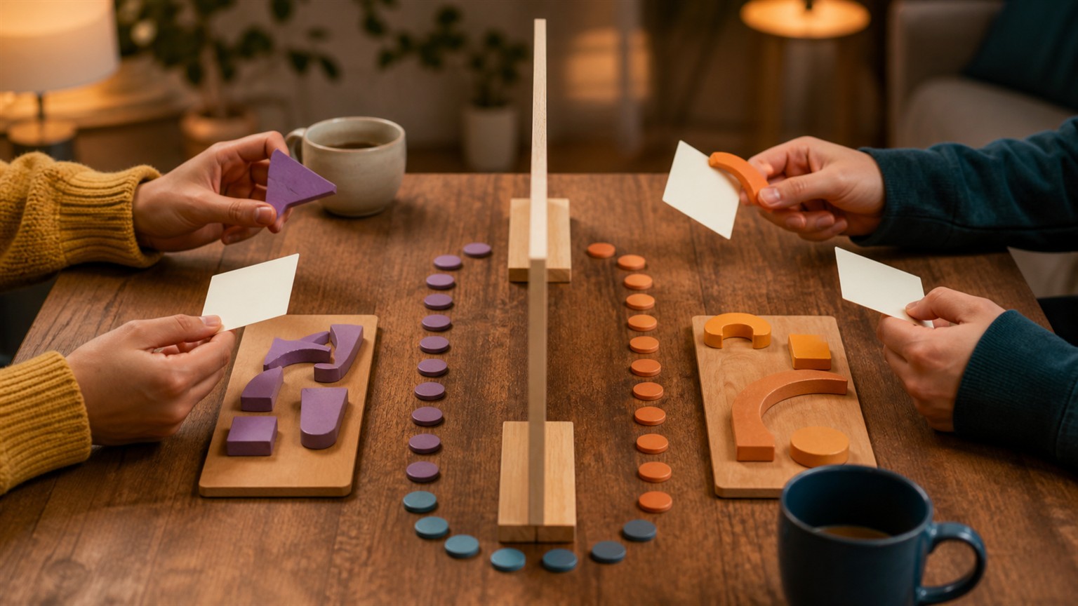 Two pairs of hands separated by a small tabletop divider with abstract pieces, blank cards, and colored tokens.
