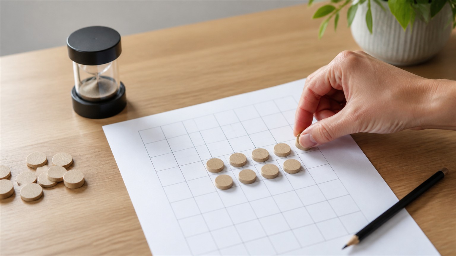 A hand aligning blank wooden tokens on a clean puzzle grid beside a small unmarked timer.