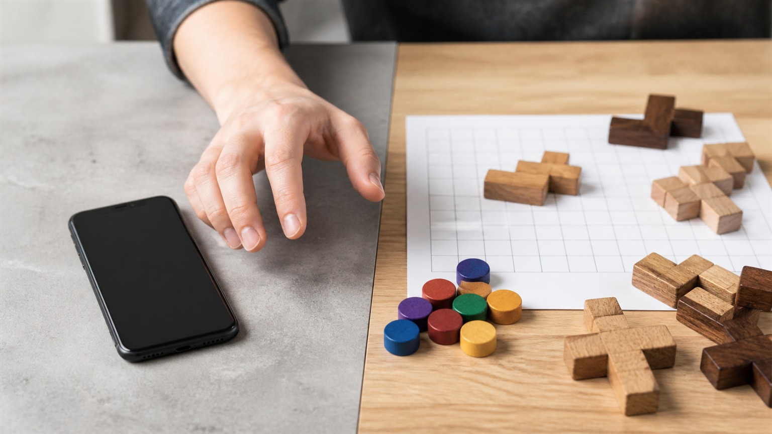 A hand moving from a face-down phone toward physical puzzle pieces and a blank grid.