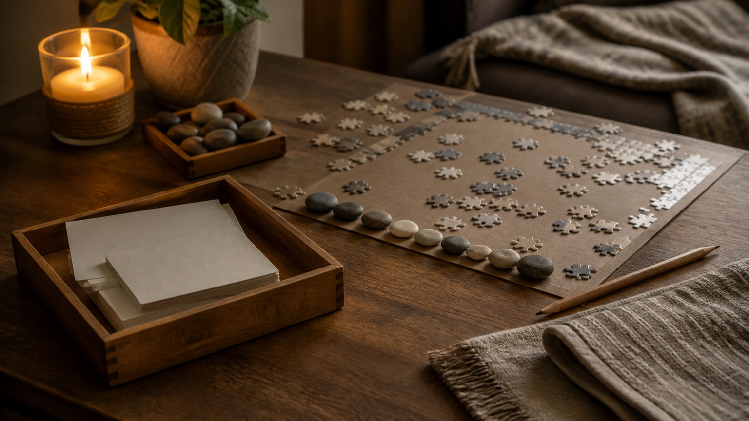 An evening side table with blank cards, smooth stones, puzzle pieces, a candle, and a pencil.