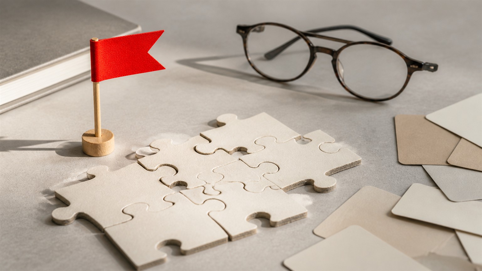 A small red flag beside blank puzzle tiles, glasses, and neutral cards on a clean tabletop.