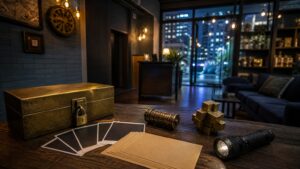A modern escape room lobby table with a brass lockbox, blank cards, puzzle props, and a flashlight.