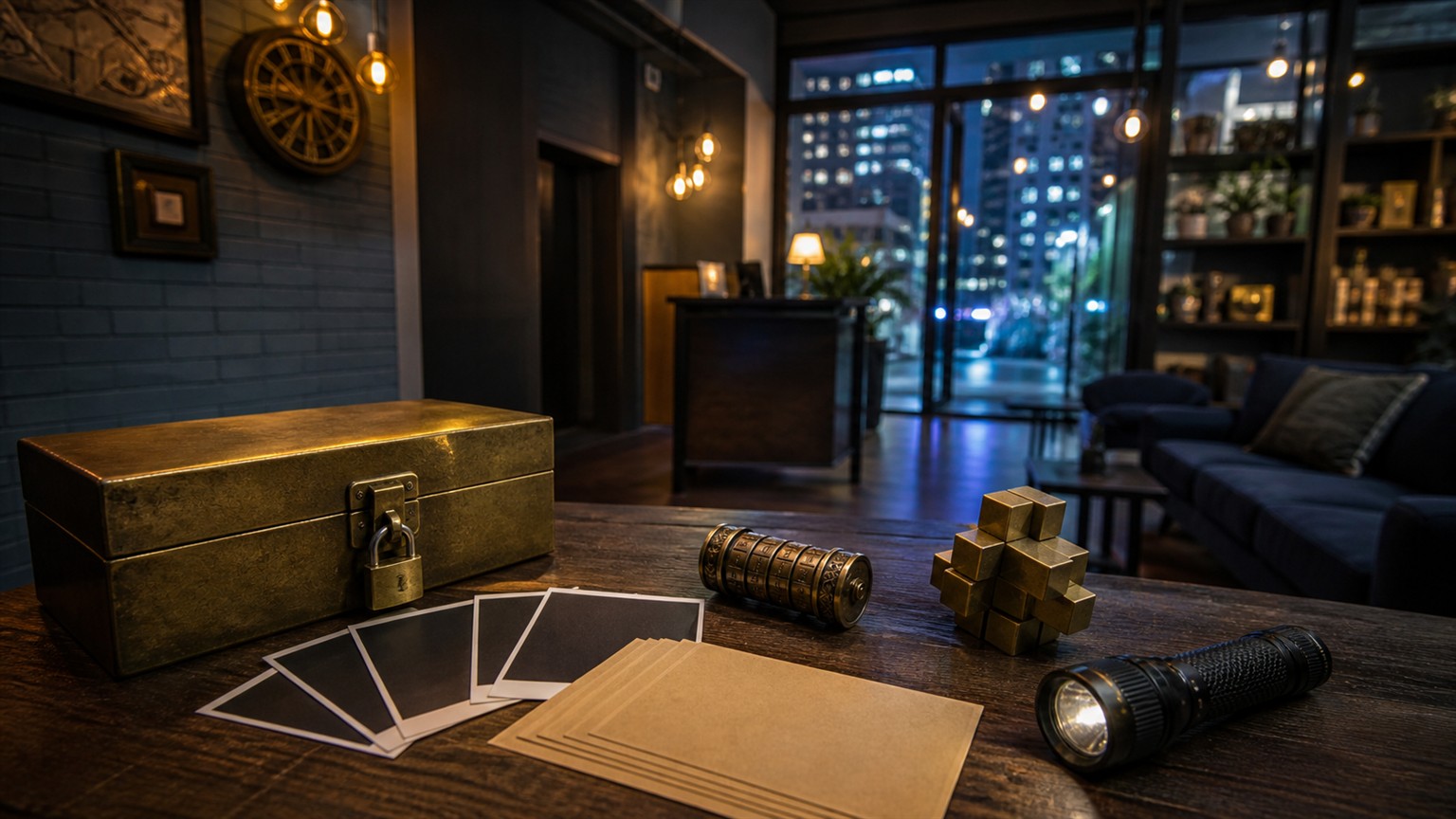 A modern escape room lobby table with a brass lockbox, blank cards, puzzle props, and a flashlight.
