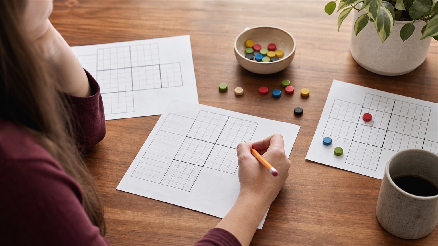 A cozy local puzzle meetup with people sharing wooden puzzles, blank cards, tea cups, and colorful tokens.