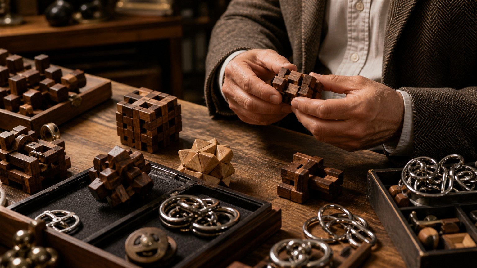 Complex wooden interlocking puzzles and polished metal disentanglement rings arranged on felt trays.