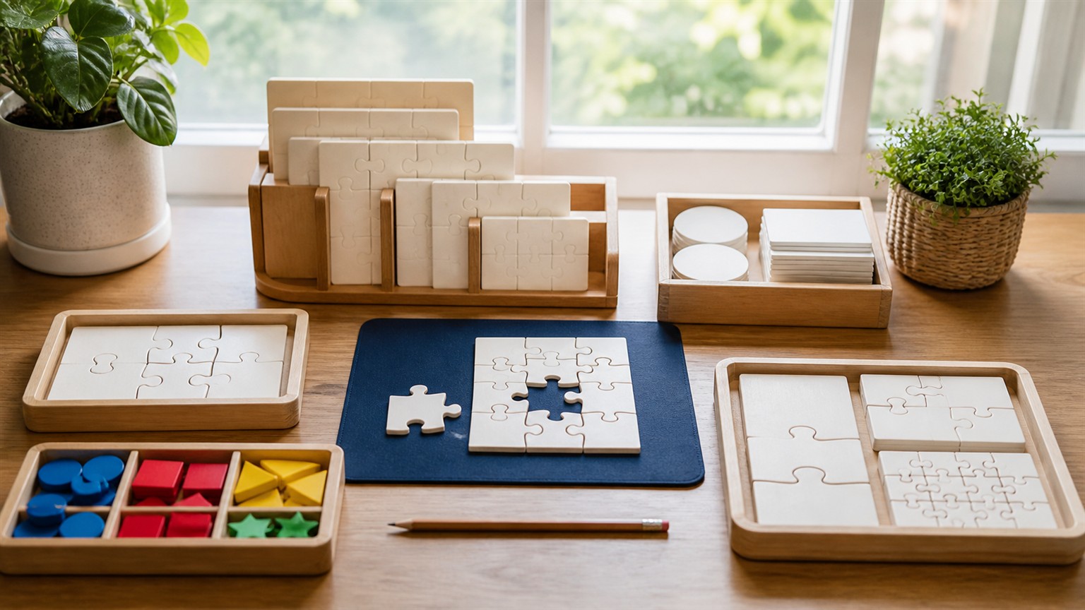 Organized trays of blank puzzle materials and colored tokens arranged for a personalized puzzle practice setup.