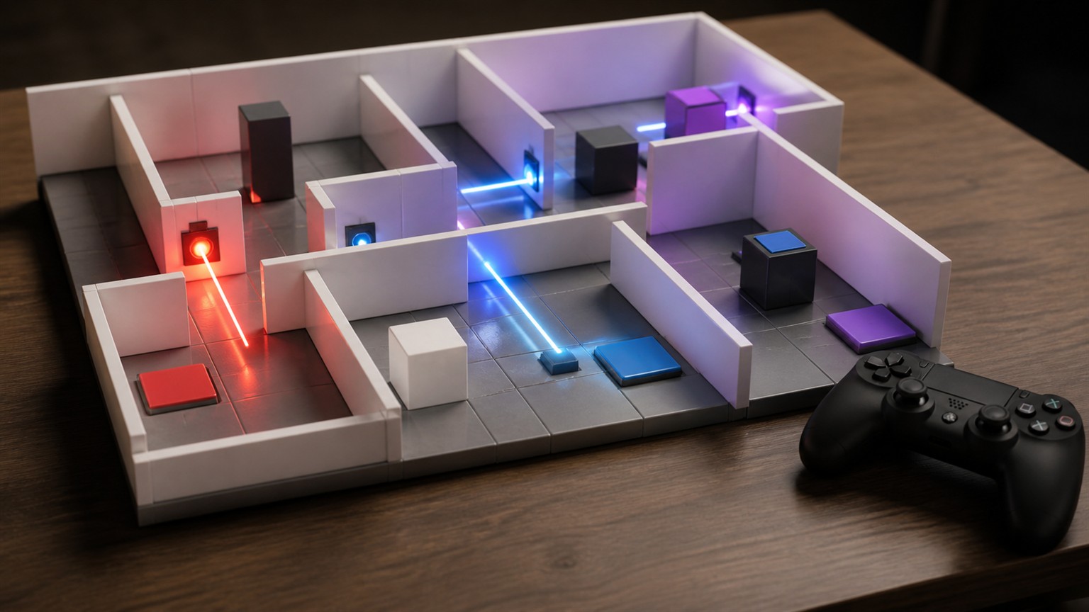 An abstract modular spatial puzzle scene with colored light beams, geometric blocks, pressure plates, and a controller.
